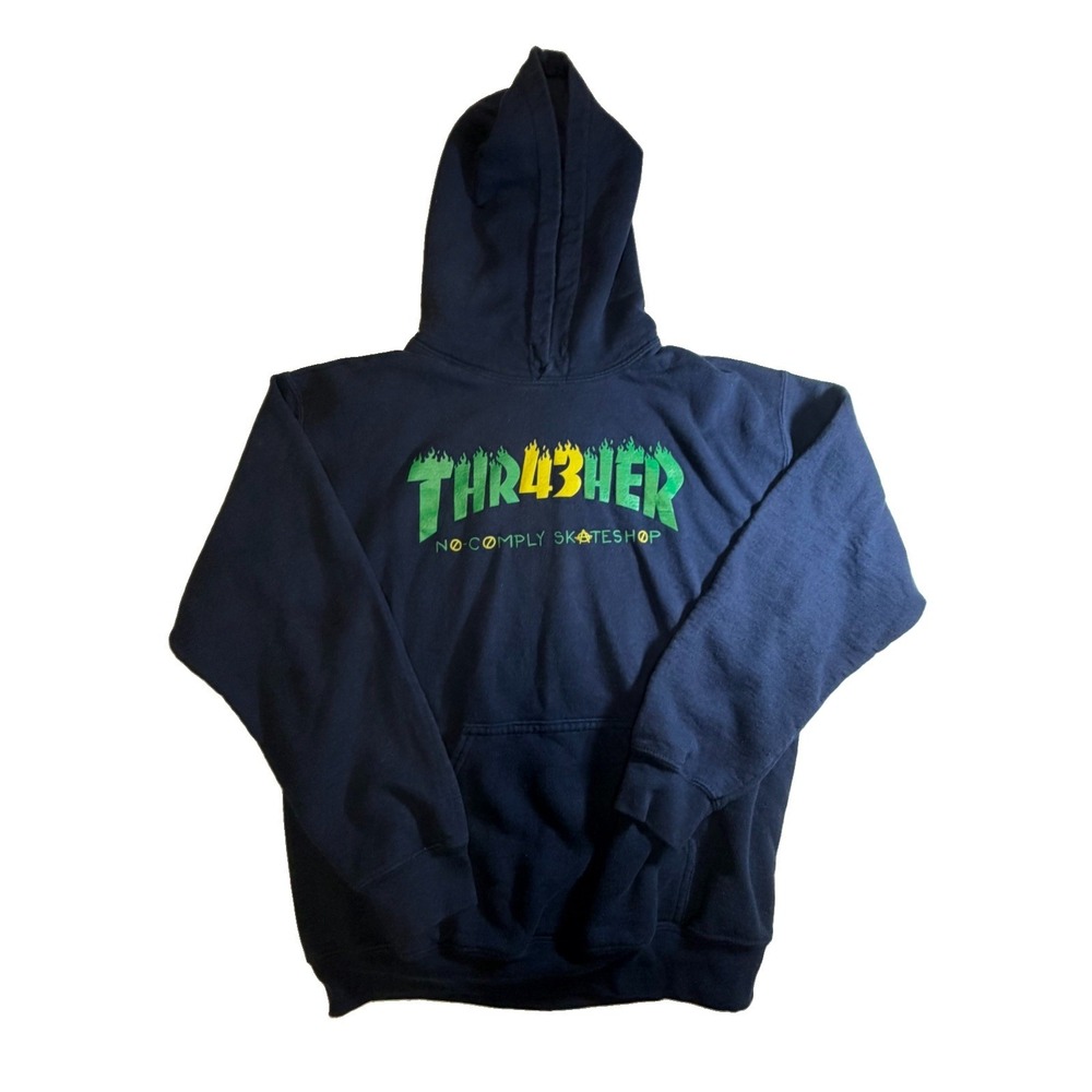 Thrasher x No-Comply Skateshop Hoodie Mens M Navy THRASHER Skate Austin TX